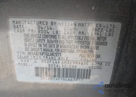 2016 Nissan Sentra Fe+ S/S/Sl/Sr/Sv z USA, uszkodzony, nr VIN 3N1AB7AP7GL667277